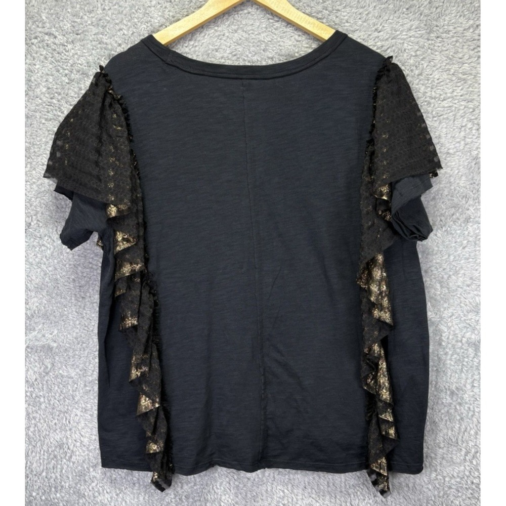 Anthropologie Pilcro Womens L Butterfly Tee Black Gold Lace Ruffle Boho Fairy - Picture 4 of 11